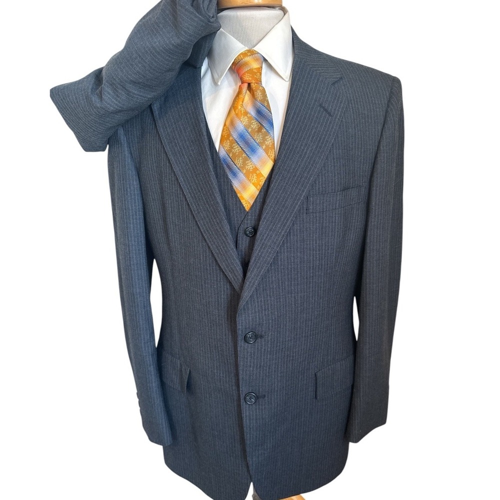 Austin Reed Vintage 1970's Blue Pinstripe 3-Pc Wool Suit Sz 42L Pants 38x34 Vest